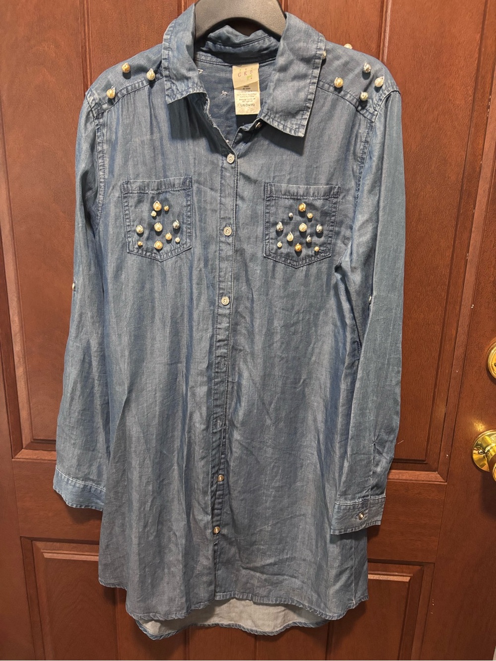 Pearl-Embellished Denim Button-Down Shirt - Blue